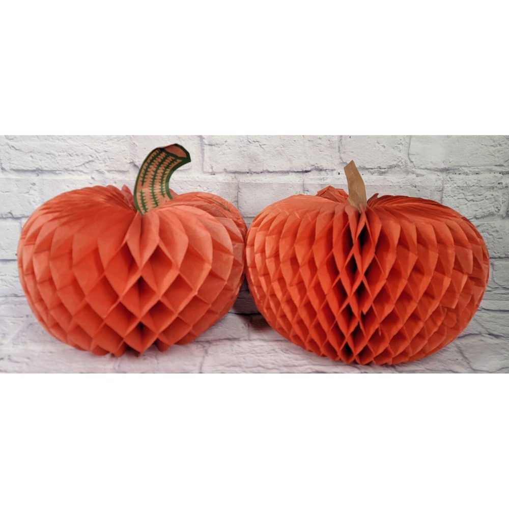 Vintage Halloween 3D Pumpkins Honeycomb Fold Out Paper Decorations Lot 2 USA 10"
